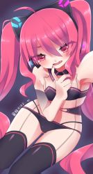 Rule 34 | 1girl, bikini, black bikini, black collar, black thighhighs, breasts, collar, detached collar, detached sleeves, grace (sound voltex), headset, highres, long hair, open mouth, pink eyes, pink hair, small breasts, solo, sound voltex, sound voltex iii gravity wars, strapless, strapless bikini, swimsuit, thighhighs, twintails, yutahi3729