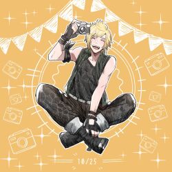 Rule 34 | 1boy, arm ribbon, bare shoulders, belt, black footwear, black gloves, black pants, black ribbon, black vest, blonde hair, boots, camera, closed eyes, dated, final fantasy, final fantasy xv, fingerless gloves, freckles, gloves, grey belt, hand on own foot, happy birthday, highres, holding, holding camera, indian style, male focus, nnnmmg0725, open mouth, orange background, pants, print shirt, prompto argentum, ribbon, shirt, short hair, sitting, sleeveless, sleeveless shirt, smile, solo, sparkle, spiked hair, swept bangs, tank top, teeth, upper teeth only, vest