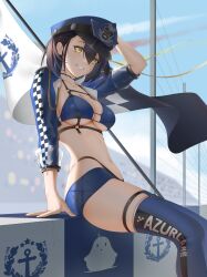 Rule 34 | 1girl, absurdres, azur lane, baltimore (azur lane), baltimore (finish line flagbearer) (azur lane), black choker, black hair, blue hat, blue jacket, blue shorts, blue sky, blue thighhighs, breasts, choker, cropped jacket, day, flag, from side, grin, hat, heart, heart-shaped pupils, highres, icycore, jacket, large breasts, outdoors, peaked cap, short hair, short shorts, shorts, sitting, sky, smile, solo, symbol-shaped pupils, teeth, thighhighs, yellow eyes