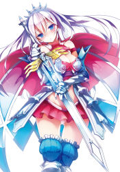 Rule 34 | 1girl, armor, bare shoulders, blue eyes, boots, breasts, cape, cleavage, excelsior to shoukan kishi, gauntlets, graves, greaves, groin, head tilt, holding, holding sword, holding weapon, kanzetsu no hime ou toshoukan kishi, long hair, looking at viewer, midriff, momi, panties, pantyshot, pyon-kichi, simple background, skirt, solo, sword, tiara, underwear, upskirt, weapon, white background, white hair, white panties