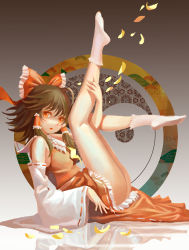 Rule 34 | 1girl, absurdres, ascot, ass, bow, brown hair, detached sleeves, from side, full body, gradient background, hair bow, hair tubes, hakurei reimu, highres, kneepits, ldh, leaning back, legs, legs up, looking at viewer, looking to the side, on floor, open mouth, red eyes, reflection, ribbon-trimmed skirt, ribbon-trimmed sleeves, ribbon trim, skirt, socks, solo, touhou, wide sleeves, yin yang