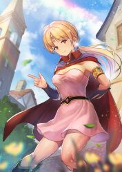 Rule 34 | 1girl, blonde hair, breasts, brown eyes, cape, closed mouth, cloud, dragon quest, dragon quest dai no daibouken, dress, earrings, highres, house, jewelry, long hair, looking at viewer, medium breasts, princess leona, rainbow, skirt, smile, solo, yappo (point71)