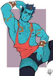 Rule 34 | 1boy, abs, arm up, bara, bare arms, bare pectorals, blue oni, blue skin, bracelet, bulge, chest hair, colored skin, cropped legs, crotch grab, earrings, facial hair, fishnet pantyhose, fishnets, forked eyebrows, hairy, horns, jasdavi, jewelry, large pectorals, male focus, multicolored hair, muscular, navel, navel hair, nipples, oni, oni horns, orange hair, orange tank top, original, oskar (jasdavi), pantyhose, pectorals, pointy ears, red eyes, short hair, sideburns, smirk, solo, spiked bracelet, spikes, streaked hair, stubble, tank top, thick thighs, thighs