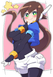 Rule 34 | 1girl, absurdres, aile (mega man zx), black bodysuit, blue jacket, blush, bodysuit, breasts, brown hair, buzzlyears, cropped jacket, green eyes, highres, jacket, large breasts, long hair, looking at viewer, mega man (series), mega man zx, mega man zx advent, open clothes, open jacket, ponytail, robot ears, shorts, simple background, solo, white shorts