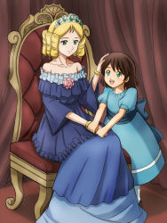 Rule 34 | 2girls, :d, adele gautieri, bare shoulders, blonde hair, blue dress, bracelet, brown hair, carla gautieri, chair, character request, child, collarbone, commentary request, crown, curtains, dress, flower, frills, fujii satoshi, full body, green eyes, holding hands, hand on head, jewelry, lupin iii, multiple girls, open mouth, sitting, smile, white legwear