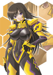 Rule 34 | 1girl, black hair, bodysuit, breasts, covered erect nipples, large breasts, long hair, misnon the great, muv-luv, muv-luv alternative, muv-luv total eclipse, pilot suit, purple eyes, solo, takamura yui, very long hair