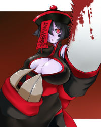 Rule 34 | 1girl, alternate color, bad id, bad pixiv id, black hair, blood, blue skin, breasts, capcom, chinese clothes, claws, cleavage cutout, clothing cutout, colored skin, flipped hair, ginji74, hat, jiangshi, large breasts, lei lei, ofuda, qingdai guanmao, red eyes, saw, short hair, solo, vampire (game), weapon, zombie