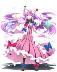 Rule 34 | 1girl, arm up, bad id, bad pixiv id, capelet, coat, crescent, dress, female focus, floating, floating object, gem, glowing, hair ribbon, hat, kurono yuzuko, lights, long hair, magic circle, open clothes, open coat, patchouli knowledge, purple dress, purple eyes, purple hair, ribbon, solo, striped clothes, striped dress, touhou, wide sleeves