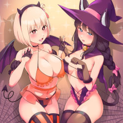 Rule 34 | 2girls, absurdres, animal ear fluff, animal ears, black hair, black panties, blonde hair, breasts, cat ears, cat tail, demon girl, demon horns, demon tail, ears through headwear, fingerless gloves, gloves, halloween, halloween costume, hat, highres, horns, inoue takina, large breasts, long hair, lycoris recoil, multiple girls, nishikigi chisato, panties, purple eyes, red eyes, short hair, sitting, small breasts, striped clothes, striped thighhighs, tail, thighhighs, thighs, toba tsutsumi, underwear, wings, witch hat