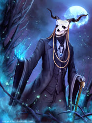 Rule 34 | 1boy, absurdres, artist request, blouse, cane, collared shirt, cowboy shot, dated, elias ainsworth, formal, full moon, glowing, highres, mahou tsukai no yome, male focus, monster, moon, night, night sky, outdoors, shirt, sky, solo, standing, suit, white shirt, wizard
