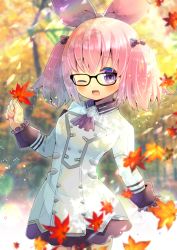 Rule 34 | 1girl, ;d, ascot, autumn leaves, black-framed eyewear, black bow, black ribbon, blurry, blurry background, bow, breasts, brown ascot, collared dress, depth of field, dress, frilled sleeves, frills, glasses, hair between eyes, hair bow, hair ribbon, holding, holding leaf, kou hiyoyo, leaf, long sleeves, looking at viewer, maple leaf, one eye closed, open mouth, original, pink hair, purple eyes, ribbon, small breasts, smile, solo, tree, twintails, white dress