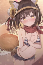 Rule 34 | 1girl, :&lt;, animal ears, bikini, bikini under clothes, bikini under shorts, blue archive, blue bikini, blue shorts, blush, breasts, brown hair, closed mouth, commentary request, cowboy shot, flower, fox ears, fox girl, fox tail, front-tie bikini top, front-tie top, hair flower, hair ornament, halo, highres, izuna (blue archive), izuna (swimsuit) (blue archive), looking at viewer, micro shorts, navel, official alternate costume, one side up, open fly, pink halo, red scarf, scarf, short hair, shorts, small breasts, solo, striped bikini, striped clothes, swimsuit, tail, topia, visor cap, yellow eyes