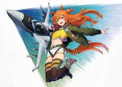 Rule 34 | 1girl, aircraft, airplane, animal ears, blush, bomber jacket, boots, commentary request, f/a-18e super hornet, fighter jet, hair between eyes, highres, horse ears, horse girl, horse tail, jacket, jet, looking at viewer, mayano top gun (umamusume), midriff, military, military vehicle, navel, orange eyes, orange hair, shorts, tail, tenkey2022, thighhighs, umamusume