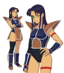 Rule 34 | 1girl, artist name, blackfire, boots, closed mouth, cowboy shot, crossed arms, dc comics, full body, genniax, grey background, hand on own hip, highres, long hair, parted bangs, saiyan armor, scouter, simple background, single thighhigh, smile, standing, teen titans, thighhighs
