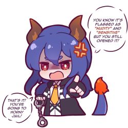 Rule 34 | 1girl, anger vein, arknights, black gloves, black jacket, blue hair, ch&#039;en (arknights), chibi, collared shirt, cropped torso, cuffs, dragon girl, dragon horns, dragon tail, dress shirt, english text, eyebrows hidden by hair, fingerless gloves, gloves, hair between eyes, handcuffs, highres, holding, horns, horny jail (meme), jacket, kurotofu, long hair, looking at viewer, meme, necktie, open clothes, open jacket, pointing, red eyes, shaded face, shirt, short eyebrows, simple background, solo, tail, thick eyebrows, upper body, v-shaped eyebrows, white background, white shirt, yellow necktie