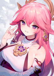 Rule 34 | 1girl, ainy, bare shoulders, breasts, collarbone, commentary request, detached sleeves, fox shadow puppet, genshin impact, hair ornament, highres, japanese clothes, large breasts, long hair, looking at viewer, miko, pink hair, priestess, purple eyes, smile, solo, upper body, yae miko