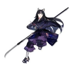Rule 34 | 1girl, animal ears, arknights, black hair, black kimono, brown eyes, dog ears, duoyuanjun, full body, geta, highres, holding, holding polearm, holding spear, holding weapon, japanese clothes, kimono, knee pads, long hair, long sleeves, looking at viewer, naginata, official art, pants, parted lips, polearm, purple pants, saga (arknights), socks, solo, spear, transparent background, weapon, white socks, wide sleeves