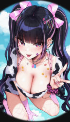 Rule 34 | 1girl, animal print, black hair, blunt bangs, bow, breasts, cleavage, collarbone, cow print, ear piercing, emoticon, fingernails, fishnet legwear, fishnets, gloves, hair bow, hair ornament, hairclip, highres, jewelry, large breasts, long hair, looking at viewer, mirei, multicolored eyes, multicolored hair, nail polish, necklace, original, piercing, pink bow, pink eyes, pink gloves, pink hair, pink nails, purple eyes, single glove, smile, solo, teeth, tongue, tongue out, twintails, two-tone hair, v