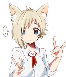Rule 34 | ..., 1girl, animal ears, blonde hair, blue eyes, blush, cat ears, collared shirt, double fox shadow puppet, fox shadow puppet, long sleeves, neck ribbon, original, red ribbon, ribbon, roku kyuu, shirt, short hair, simple background, sketch, sleeves rolled up, solo, speech bubble, spoken ellipsis, white background, white shirt
