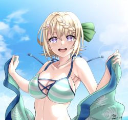 Rule 34 | 1girl, bikini, blonde hair, blue sky, braid, braided bangs, braided bun, breasts, cloud, collarbone, hair bun, kantai collection, large breasts, looking at viewer, official alternate costume, perth (kancolle), purple eyes, sky, solo, striped bikini, striped clothes, swimsuit, tk8d32, upper body