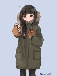 Rule 34 | 1girl, black eyes, black hair, blunt bangs, braid, brown mittens, can, canned coffee, coat, commentary request, cowboy shot, drink can, green coat, hair ribbon, kantai collection, kitakami (kancolle), long hair, looking at viewer, mittens, one-hour drawing challenge, ribbon, rin niji, sidelocks, solo, standing, tress ribbon, twitter username
