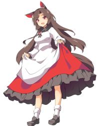 Rule 34 | 1girl, :d, animal ears, bad id, bad twitter id, blush, bobby socks, breasts, brooch, brown hair, clothes lift, dress, dress lift, fang, full body, hasebe yuusaku, imaizumi kagerou, jewelry, lifting own clothes, loafers, long hair, long sleeves, looking at viewer, medium breasts, open mouth, red eyes, shoes, smile, socks, solo, standing, tail, touhou, wide sleeves, wolf ears, wolf tail