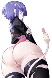 Rule 34 | 1girl, adapted costume, ass, boku no hero academia, fingerless gloves, gloves, hot vr, huge ass, jacket, jirou kyouka, leotard, partially visible vulva, purple eyes, purple hair, short hair, thick thighs, thighhighs, thighs, torn clothes, torn legwear, white background
