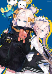 Rule 34 | 2girls, abigail williams (fate), abigail williams (festival outfit) (fate), abigail williams (traveling outfit) (fate), artist name, balloon, black bow, black dress, black jacket, blonde hair, blue background, blue eyes, bow, closed mouth, commentary request, crossed bandaids, dress, dual persona, fate/grand order, fate (series), forehead, fou (fate), hair bow, hair bun, heroic spirit festival outfit, heroic spirit traveling outfit, holding, holding balloon, jacket, long hair, long sleeves, looking at viewer, medjed (fate), multiple girls, multiple hair bows, hugging object, official alternate costume, orange bow, outline, parted bangs, polka dot, polka dot bow, shirt, sidelocks, single hair bun, sleeves past fingers, sleeves past wrists, stuffed animal, stuffed toy, suika (ruki0712), teddy bear, very long hair, white shirt, yellow outline