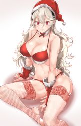 1girl breasts cleavage closed_mouth corrin_(female)_(fire_emblem) corrin_(fire_emblem) fire_emblem fire_emblem_fates fur_trim gloves h.pn hairband hat highres large_breasts long_hair nintendo pointy_ears pom_pom_(clothes) red_eyes red_headwear santa_hat simple_background sitting solo white_hair