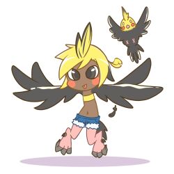 1girl 323411 :p bandeau bird bird_legs bird_tail black_eyes black_feathers black_wings blonde_hair blush blush_stickers chibi cockatiel creature_and_personification crow cutoffs dark-skinned_female dark_skin denim denim_shorts feathered_wings feathers flat_chest flying full_body harpy highres looking_at_viewer midriff monster_girl multicolored_hair navel original personification short_hair short_shorts shorts simple_background solo standing strapless tail talons tongue tongue_out tube_top two-tone_hair white_background winged_arms wings