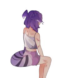 Rule 34 | 127, 1girl, absurdres, braid, camisole, commentary, cuts, dragon girl, dragon tail, english commentary, from side, grey camisole, head wings, highres, injury, nijisanji, nijisanji en, purple hair, purple shorts, selen tatsuki, shorts, simple background, sitting, solo, tail, twin braids, virtual youtuber, white background, wings