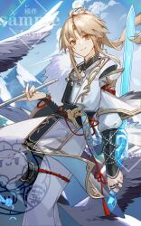 Rule 34 | 1boy, absurdres, bird, blonde hair, blue sky, changmingsuo, closed mouth, cloud, day, feet out of frame, highres, holding, holding sword, holding weapon, honkai: star rail, honkai (series), jewelry, kotatsu kaya, long sleeves, looking at viewer, male focus, outdoors, ring, sidelocks, sky, smile, solo, standing, sword, tassel, weapon, yanqing (honkai: star rail), yellow eyes