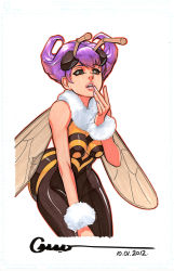 Rule 34 | 1girl, antennae, arthropod girl, bad deviantart id, bad id, bare shoulders, bee girl, black eyes, capcom, dated, fur trim, insect girl, insect wings, lips, marker (medium), monster girl, no pupils, omar dogan, pantyhose, purple hair, q-bee, signature, sleeveless, solid eyes, solo, traditional media, vampire (game), wings, wrist cuffs