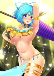 Rule 34 | 1girl, alternate breast size, alternate costume, alternate hairstyle, areola slip, arm up, armlet, armpits, belly, blue eyes, blue hair, blush, bouncing breasts, bracelet, breasts, cleavage, closed umbrella, cowboy shot, dancer, dancing, detached collar, forehead jewel, gradient hair, hatchet, heterochromia, highres, hitotsuki nebura, jewelry, large breasts, looking at viewer, matching hair/eyes, multicolored hair, navel, no bra, nose blush, oil-paper umbrella, pelvic curtain, ponytail, purple hair, red eyes, revealing clothes, sarong, see-through, short hair, solo, sparkle, stomach, sweat, tatara kogasa, thighlet, tongue, tongue out, touhou, two-tone hair, umbrella, underboob
