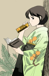 Rule 34 | 1girl, akai sashimi, black eyes, black hair, bob cut, book, can, drink, female focus, food, fruit, green theme, japanese clothes, leaf, looking at viewer, nature, original, plant, short hair, solo, translation request, tree, wood