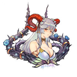 Rule 34 | 1girl, artist name, bare shoulders, bikini, blush, breasts, collarbone, detached collar, fire emblem, fire emblem heroes, flower, freyja (fire emblem), goat horns, hair ornament, horns, large breasts, lips, long hair, looking at viewer, meziosaur, nintendo, parted lips, red eyes, shiny skin, signature, silver hair, simple background, sleeveless, swimsuit, thorns, upper body, white bikini