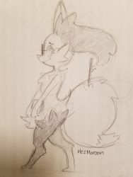 Rule 34 | 1girl, animal ear fluff, animal ears, artist name, bespectacled, blush, book, braixen, closed mouth, creatures (company), female focus, fox ears, fox tail, from side, full body, furry, furry female, game freak, gen 6 pokemon, glasses, highres, holding, looking at viewer, looking to the side, mezmaroon, nintendo, photo (medium), pokemon, pokemon (creature), profile, shy, signature, simple background, sketch, solo, standing, stick, tail, traditional media, walking, wavy mouth, white background