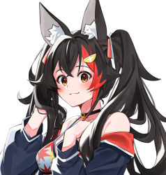 Rule 34 | 1girl, animal ear fluff, animal ears, bare shoulders, bikini, bikini under clothes, black choker, black hair, blue jacket, blush, breasts, brown eyes, choker, closed mouth, commentary request, daichi (daichi catcat), hair ornament, hair ribbon, hairclip, highres, hololive, jacket, long hair, long sleeves, looking at viewer, medium breasts, multicolored hair, off shoulder, ookami mio, ookami mio (hololive summer 2019), open clothes, open jacket, print bikini, red hair, ribbon, simple background, solo, streaked hair, swimsuit, twintails, virtual youtuber, white background, wolf ears