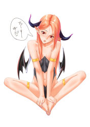Rule 34 | 1girl, :o, armband, bad id, bad pixiv id, barefoot, butterfly sitting, demon girl, demon wings, fang, feet, feet together, hands on feet, head tilt, highres, horns, knees apart feet together, legs, long hair, looking at viewer, mutsumura ryuuichi, nail polish, navel, open mouth, orange hair, original, pointy ears, red eyes, simple background, sitting, slit pupils, solo, thigh strap, toenail polish, toenails, toes, translated, white background, wings