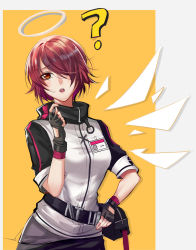 Rule 34 | 1girl, ?, absurdres, arknights, asymmetrical bangs, black gloves, black skirt, blush, breasts, chinese commentary, cowboy shot, detached wings, exusiai (arknights), fanny pack, fingerless gloves, gloves, hair between eyes, hair over one eye, halo, hand on own hip, highres, jacket, lan yu, looking at viewer, medium breasts, name tag, open mouth, parted bangs, red eyes, red hair, short hair, short sleeves, simple background, skirt, solo, white jacket, wings, yellow background