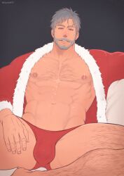 Rule 34 | 1boy, abs, bara, bare pectorals, beard, bikini briefs, bulge, christmas, come hither, facial hair, full beard, grey hair, hairy, highres, kiyoshi (tsuzura802807), large pectorals, looking at viewer, male focus, male underwear, mature male, muscular, muscular male, mustache, navel, nipples, no pants, obliques, old, old man, original, paid reward available, pectorals, red male underwear, santa costume, seductive smile, short hair, smile, solo, sparse chest hair, spread legs, stomach, thick eyebrows, thick leg hair, thick thighs, thighs, underwear