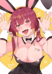 Rule 34 | 1girl, absurdres, alternate costume, animal ears, bare shoulders, black leotard, blush, bow, bowtie, breast tattoo, breasts, cleavage, collarbone, covered navel, detached collar, fake animal ears, heterochromia, highres, hololive, houshou marine, large breasts, leotard, long hair, looking at viewer, open mouth, playboy bunny, rabbit ears, rabbit pose, red eyes, red hair, simple background, smile, solo, tattoo, tonarikeru, twintails, upper body, virtual youtuber, wrist cuffs, yellow eyes
