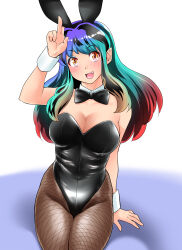 Rule 34 | 1girl, absurdres, animal ears, aqua hair, bow, bowtie, breasts, cleavage, commentary request, cone horns, cowboy shot, detached collar, fake animal ears, fang, fishnet pantyhose, fishnets, gradient hair, highres, horns, large breasts, leotard, long hair, lum, multicolored hair, nanao futaba, orange eyes, pantyhose, playboy bunny, pointy ears, rabbit ears, red hair, simple background, smile, solo, urusei yatsura, white background, wrist cuffs
