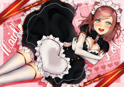 Rule 34 | 1girl, absurdres, apron, blush, breasts squeezed together, breasts, brown hair, cleavage, cleavage cutout, clothing cutout, elbow gloves, from above, gloves, green eyes, head tilt, highres, looking at viewer, lying, maid, maid apron, maid headdress, on back, open mouth, original, rakkou, ribbon, smile, solo, thighhighs, white gloves, zettai ryouiki