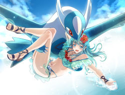Rule 34 | 1boy, 1girl, above clouds, absurdres, alternate color, bikini, blue bikini, blue eyes, blue hair, breasts, carrying, clear glass (mildmild1311), cloud, creatures (company), crossover, eirika (fire emblem), fire emblem, fire emblem: the sacred stones, fire emblem heroes, flower, flying, frilled bikini, frills, game freak, gen 3 pokemon, hair flower, hair ornament, hibiscus, highres, latios, layered bikini, leather wrist straps, legendary pokemon, light blue hair, long hair, looking down, navel, nintendo, o-ring, open mouth, pokemon, princess carry, red eyes, sandals, sidelocks, small breasts, smile, swimsuit, thighs, watermark, wrist cuffs