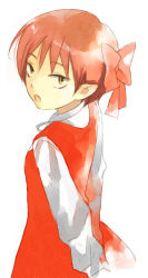 Rule 34 | 1girl, ariko, arms behind back, bow, brown eyes, dress, gegege no kitarou, long sleeves, looking at viewer, nekomusume, pink bow, pointy ears, red dress, red hair, short hair, simple background, solo, standing, toei animation, white background