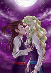 Rule 34 | 10s, 2girls, arms at sides, belt, black neckwear, blonde hair, blue eyes, blue vest, blush, grabbing another&#039;s breast, brown hair, collared shirt, couple, diana cavendish, closed eyes, female focus, friends, full moon, grabbing, green hair, hand on another&#039;s face, highres, kagari atsuko, kiss, little witch academia, long hair, long sleeves, looking at another, moon, multicolored hair, multiple girls, necktie, night, night sky, one side up, purple sky, school uniform, shirt, sky, standing, star (sky), starry sky, surprised, two-tone hair, vest, white shirt, witch, yuri