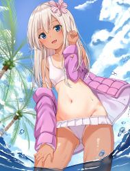 Rule 34 | 1girl, :d, absurdres, bad id, bad pixiv id, bare shoulders, bikini, bikini skirt, blue eyes, blue sky, blurry, blush, breasts, cameltoe, cloud, collarbone, cowboy shot, day, gluteal fold, groin, hair ribbon, hand on own thigh, hand up, highres, jacket, kantai collection, long hair, long sleeves, looking at viewer, navel, off shoulder, one-piece tan, open clothes, open jacket, open mouth, outdoors, palm tree, partially submerged, partially underwater shot, purple jacket, ribbon, ro-500 (kancolle), silver hair, sky, small breasts, smile, solo, standing, stomach, striped ribbon, swimsuit, tan, tanline, thighs, tree, underwater, wading, water, white bikini, white ribbon, xue lu