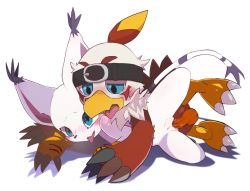 Rule 34 | 1boy, 1girl, blue eyes, blush, colored skin, digimon, digimon (creature), furry, gloves, hawkmon, hetero, highres, nishiroyago, penis, pussy, sex, tailmon, thighs, tongue, tongue out, uncensored, white skin