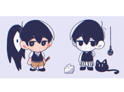 Rule 34 | 2boys, animal, antenna hair, arm at side, arms at sides, black cat, black eyes, black footwear, black hair, black shorts, black socks, black sweater vest, black tank top, bow (music), bright pupils, brown shorts, cat, chibi, chibi only, chromatic aberration, collared shirt, colored skin, dual persona, expressionless, hair between eyes, highres, holding, holding instrument, holding knife, holding violin, instrument, knife, light bulb, looking at viewer, mewo, multiple boys, no pupils, no shoes, omori, omori (omori), shirt, short hair, short sleeves, shorts, simple background, sleeveless, socks, something (omori), striped clothes, striped shorts, sunny (omori), sweater vest, tank top, tissue box, totemo sindo, vertical-striped clothes, vertical-striped shorts, violin, white pupils, white shirt, white shorts, white skin